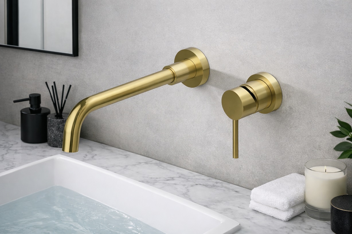 Brushed gold wall-mounted single lever bathroom faucet in a modern vanity setting